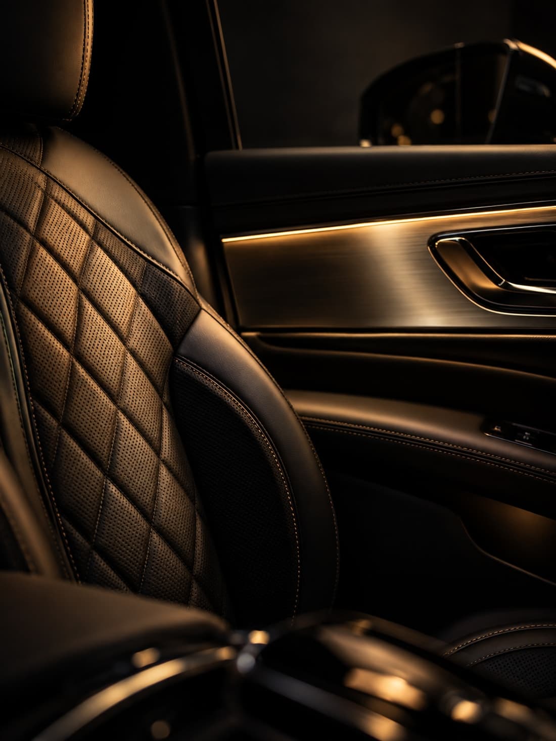 Diamond-quilted leather and brushed metal cabin detail